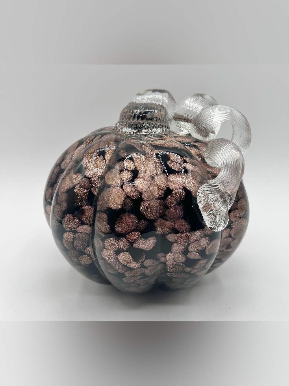 Fall Halloween Hand Blown Art Glass Pumpkin Shimmer Brown & Black Swirl 5”